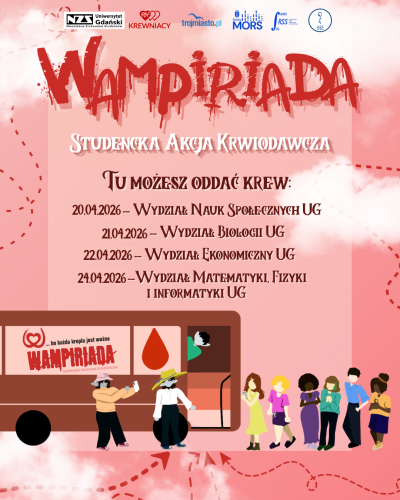 plakat reklamujący wydarzenie - krwiobus, kolejka krwiodawców oraz daty i miejsca, w których można oddać krew