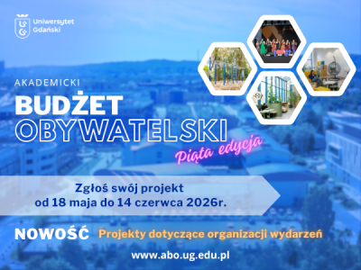 Napis Akademicki Budżet Obywatelski zgłoś sój pomysł od 18 maja do 14 czerwca w tle budynki kampusu, niebieski filtr na zdjęciu