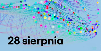 Grafika: CN Experyment; wizualizacja kolorowych cząsteczek na orbitach z napisem 28 sierpnia
