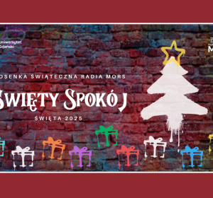 Grafika z motywem muru ceglanego z uproszczonym graffiti choinki i prezentów; napis Święty spokój