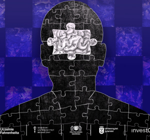 Grafika z motywem ciemnej sylwetki głowy ułożonej z puzzli, w dolnej części logotypy projektu