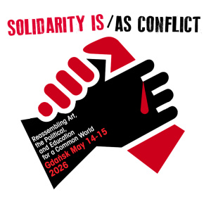 Grafika z hasłem SOLIDARITY IS/AS COFLICT z symbolicznym motywem złączonych dłoni: czarnej i czerwonej