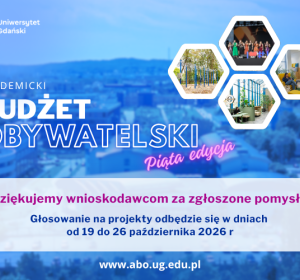 Widok na kampus Oliwa z lotu ptaka napis Akademicki Budżet Obywatelski piąta edycja dziękujemy wnioskodawcom