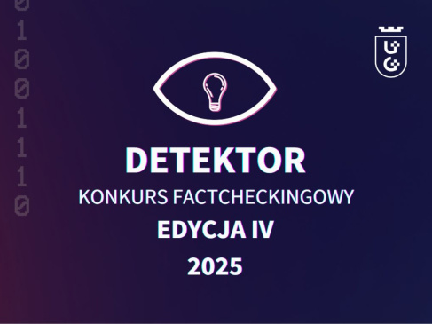Biała grafika: oko z żarówką i napis DETEKTOR - KONKURS FACTCHECKINGOWY, EDYCJA IV, 2025