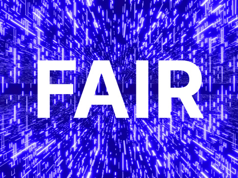 Biały napis FAIR na fioletowym tle w stylu Matrixa