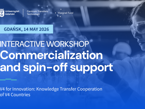 Napis Interactive workshop Commercialization and spin-off support na niebieskim tle, na drugim planie kobieta w okularach laboratoryjnych