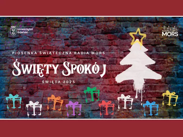 Grafika z motywem muru ceglanego z uproszczonym graffiti choinki i prezentów; napis Święty spokój