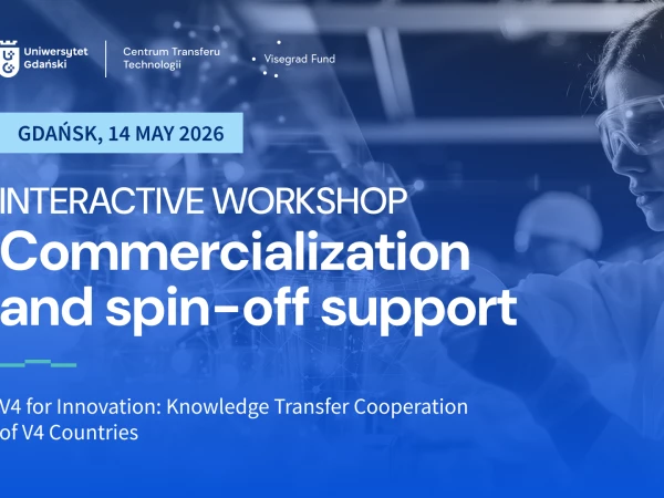 Napis Interactive workshop Commercialization and spin-off support na niebieskim tle, na drugim planie kobieta w okularach laboratoryjnych