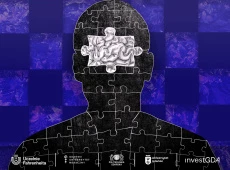 Grafika z motywem ciemnej sylwetki głowy ułożonej z puzzli, w dolnej części logotypy projektu