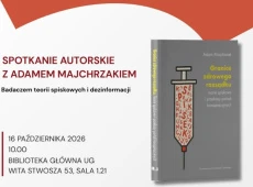 Fragment plakatu informującego o spotkaniu autorskim z Adamem Majchrzakiem z okładką jego książki