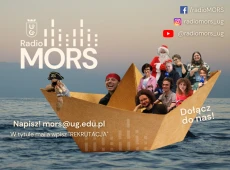 Grafika promująca rekrutację do Radia MORS z motywem ludzi w papierowej łódce